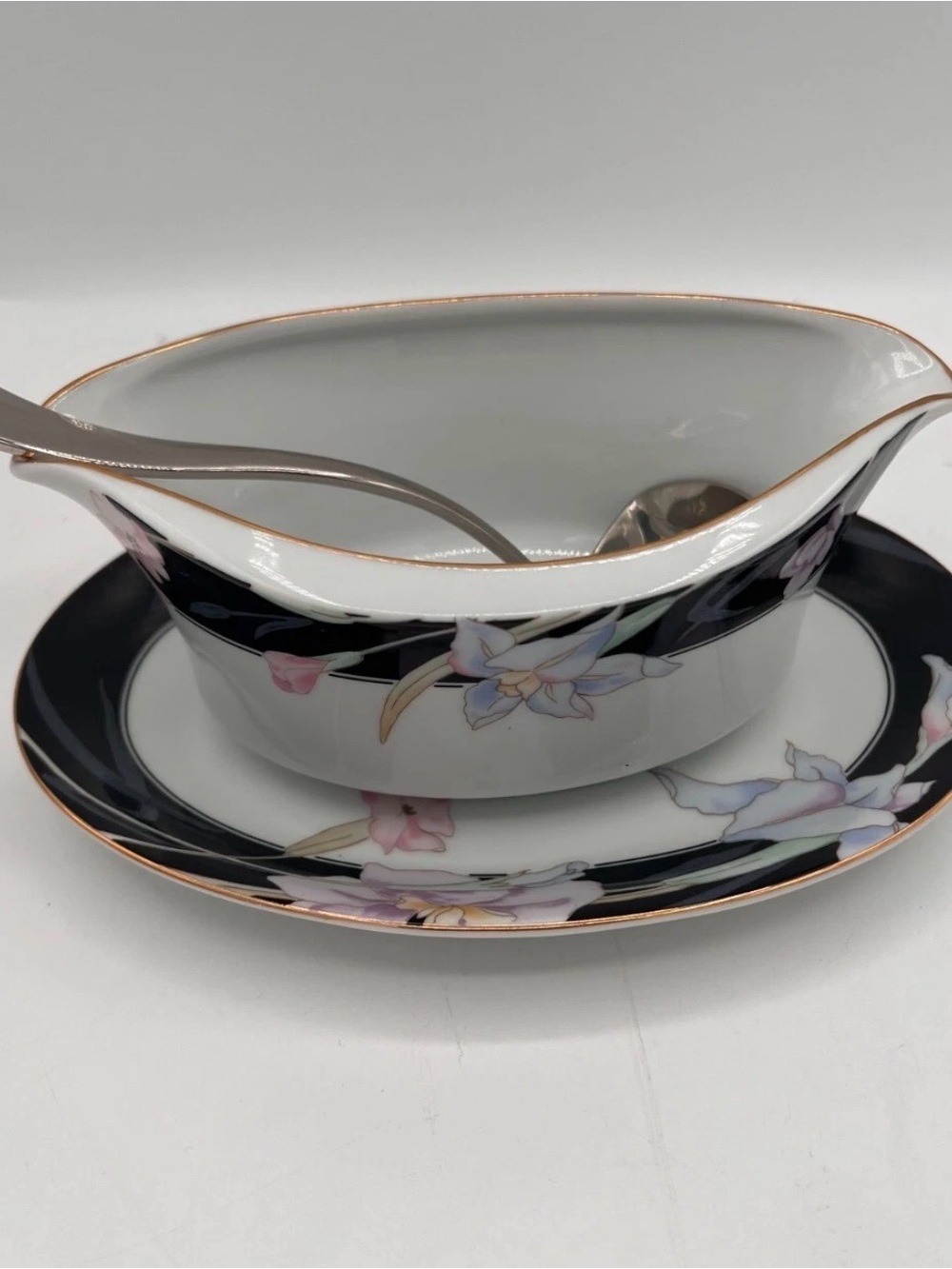 Mikasa Black and Gold Floral Porcelain Gravy Boat with Saucer